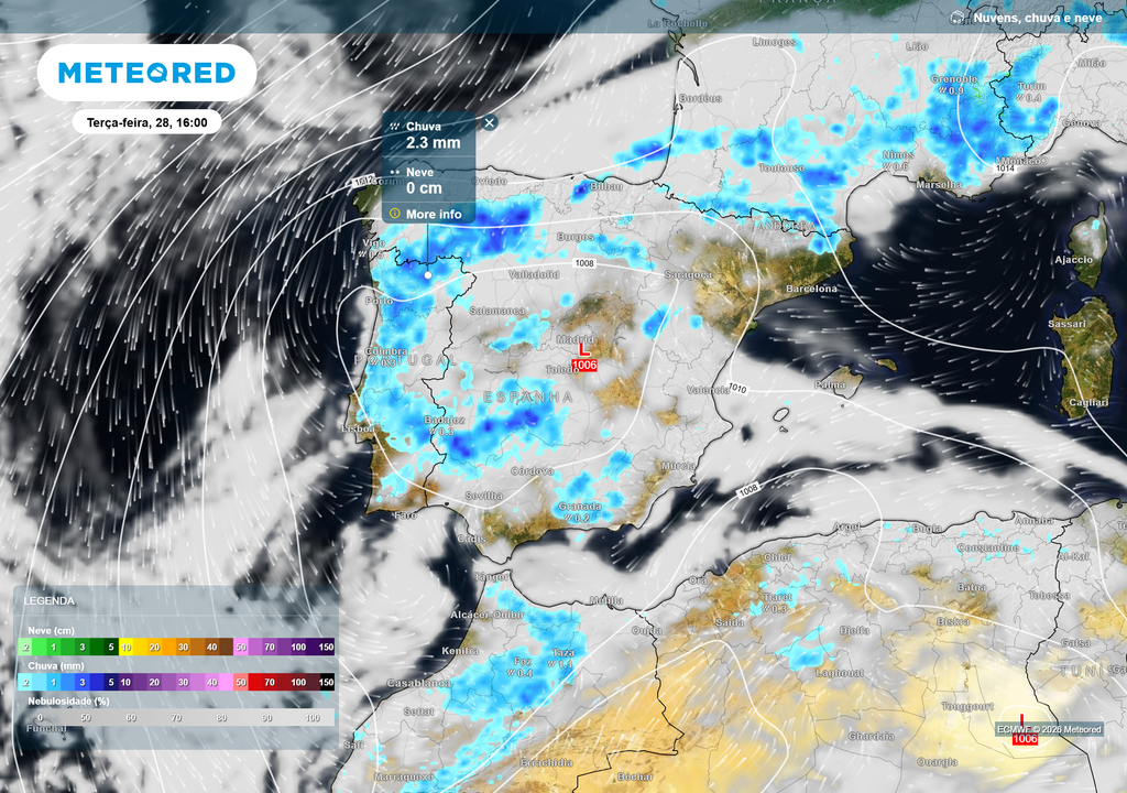 A tarde de terça-feira poderá contar com chuva fraca a moderada em diversos pontos de Norte a Sul do país, devido a uma depressão situada sobre Espanha.