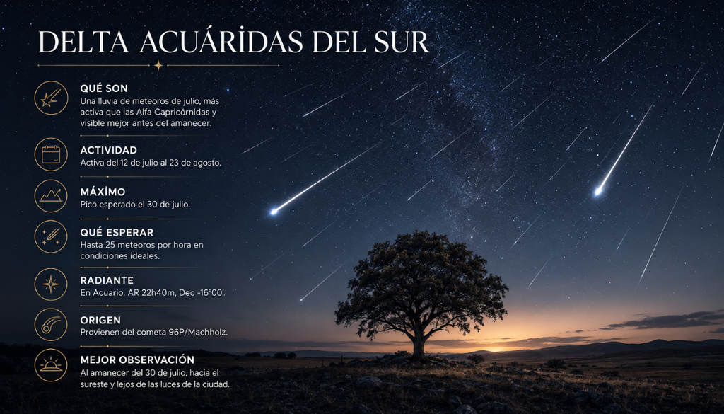 Infografía con los datos más relevantes de la lluvia de meteoros de las Delta Acuáridas del Sur.