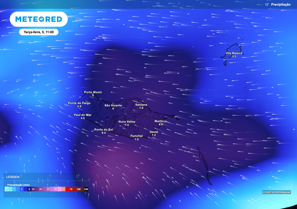 Às 11h de terça-feira, 5 de maio, observa-se um núcleo de precipitação mais intensa a afetar a Madeira, com valores horários que poderão ultrapassar localmente 5 a 8 mm, sobretudo nas vertentes norte e zonas montanhosas. A persistência destes núcleos, associada ao fluxo húmido de sudoeste, contribui para acumulados rápidos e eleva o risco de cheias em meio urbano e linhas de água.