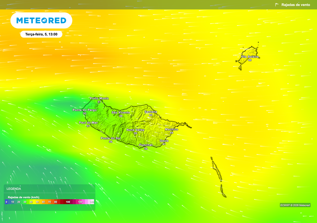 Durante a tarde de terça-feira, pelas 13h, o vento intensifica-se na Madeira, com rajadas a atingirem cerca de 40 a 50 km/h, localmente superiores em zonas expostas e de maior altitude. Este vento, associado à precipitação persistente, poderá agravar o desconforto térmico, dificultar a drenagem urbana e potenciar a queda de ramos ou objetos soltos.