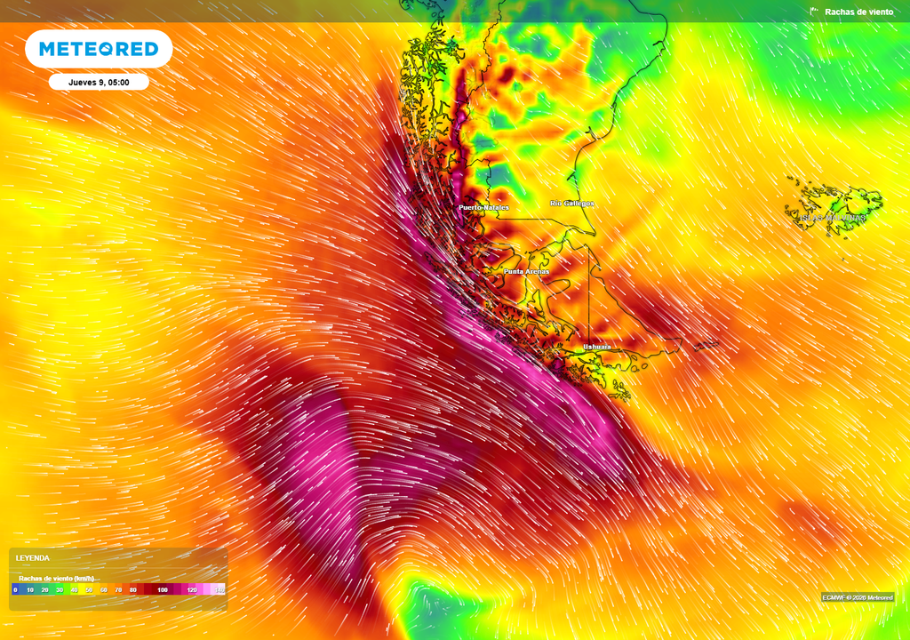 rachas de viento previstas El viento cálido del norte soplará intensamente previo al paso del frente por el tramo más austral de Chile.