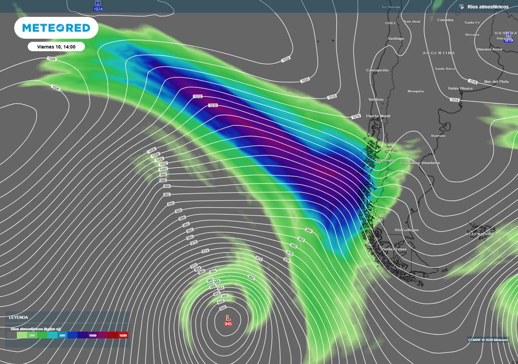 río atmosférico previsto El río atmosférico llegará con un transporte intenso del vapor hacia la zona austral. Al acoplarse al frente, dejará lluvias abundantes en la Patagonia y parte del sur de Chile.