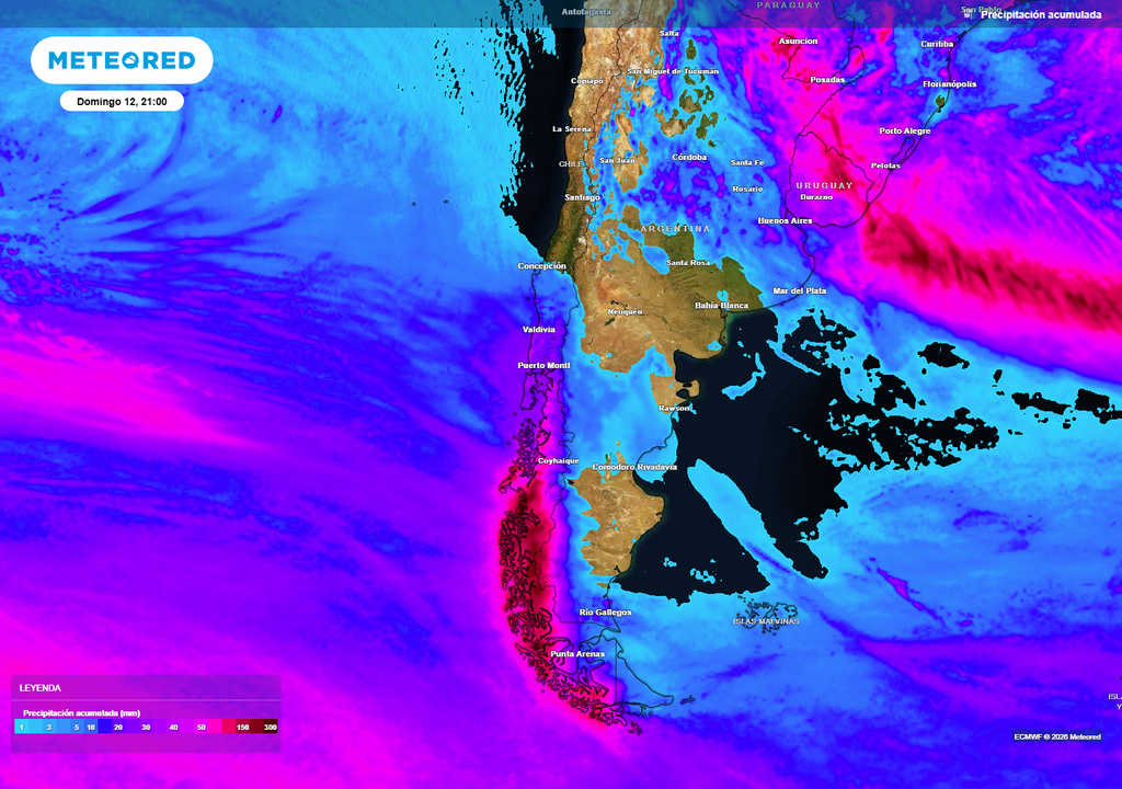 precipitaciones acumuladas Lluvias abundantes caerán en la zona austral gracias a un río atmosférico.