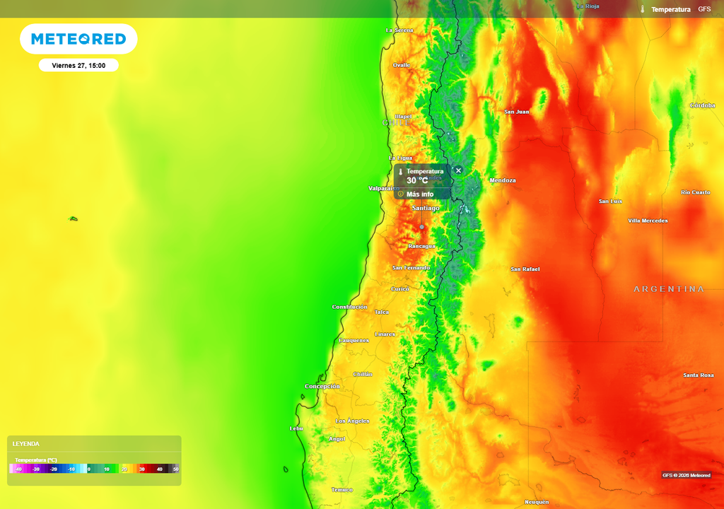 Las temperaturas rondarán los 30 ºC en diversos sectores interiores de las Región de Valparaíso, en la Región Metropolitana y en los valles de la Región de O'Higgins.