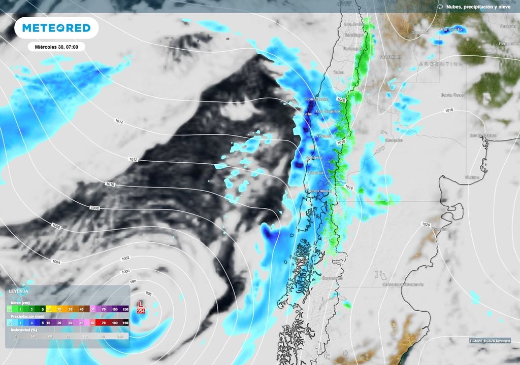 precipitaciones previstas El primer sistema frontal de la semana llegará en la madrugada del miércoles 30. El último día de septiembre será de lluvias entre la Región de Ñuble y el norte de la Región de Aysén.