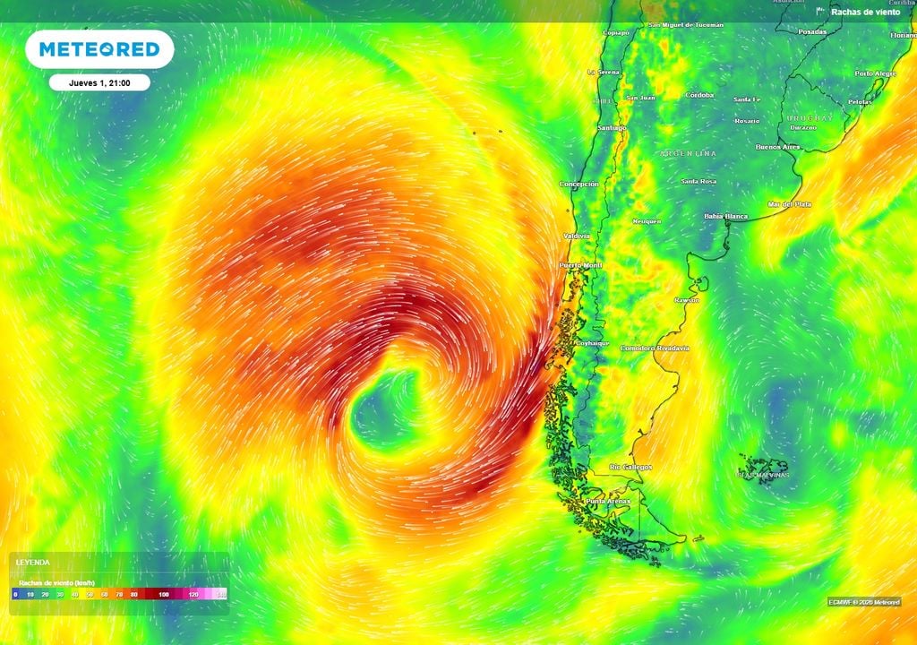 rachas de viento previstas El gran ciclón extratropical (baja presión) que acompañará al segundo sistema frontal de la semana, será responsable por dejar vientos de hasta 80 km/h en sectores del litoral sur de Chile.