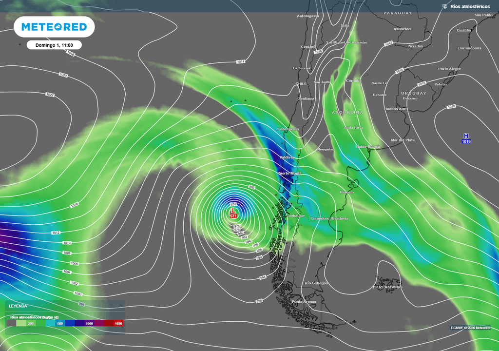 Río atmosférico categoría 3 a 4 alimenta al primer frente de marzo, aportando humedad constante y favoreciendo lluvias que avanzarán desde el sur hacia la zona central de Chile.