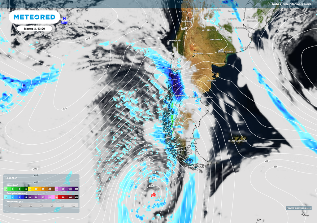 El segundo frente se destacará por dejar lluvias abundantes en las provincias de Aysén y Coyhaique, así como también en sectores de Chiloé y Palena.