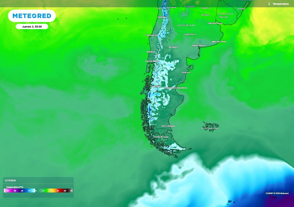 temperaturas previstas El aire frío arrastrado por la alta presión hará descender las temperaturas en la Patagonia, favoreciendo las precipitaciones sólidas en la cordillera austral y en los alrededores de algunas localidades de la Región de Aysén al este de los Andes.