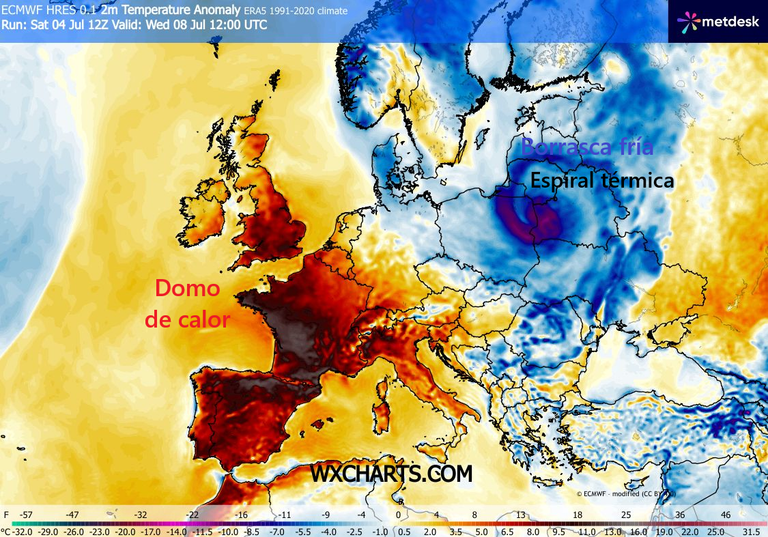 Llamativo mapa previsto de anomal&iacute;as de temperatura a 2 m en Europa: espectacular espiral de aire fr&iacute;o y domo de calor