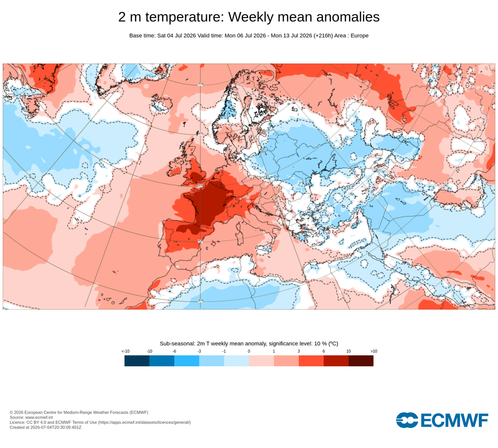 Anomalías de la temperatura para la semana del 6 al 12 de julio de 2026: cálidas o por encima de lo normal en escala de rojos y frías o negativas en escala de azules. ECMWF
