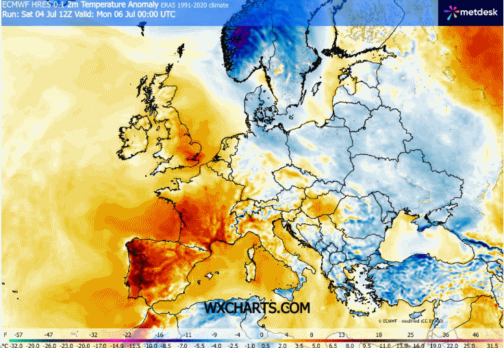 Anomalías previstas de la temperatura a 2 m para Europa entre el 6 y el 10 de julio de 2026 por el modelo ECMWF con anomalías frías/cálidas en tonalidades azules/rojas. Fuente: WXCHARTS.com