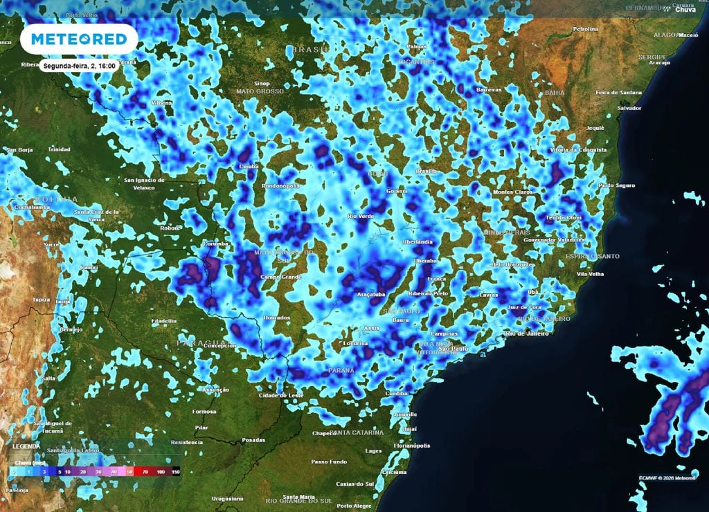 Previsão de chuvas para a tarde da segunda-feira, 2 de fevereiro.