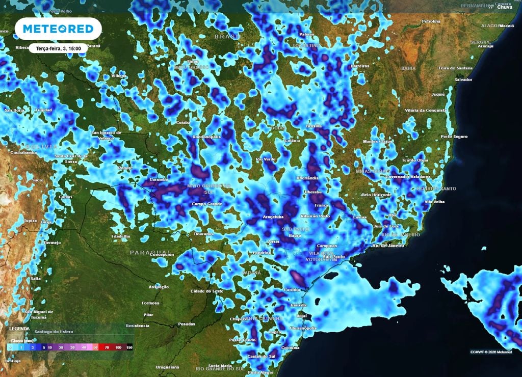 Previsão de chuvas para a tarde da terça-feira, 3 de fevereiro.