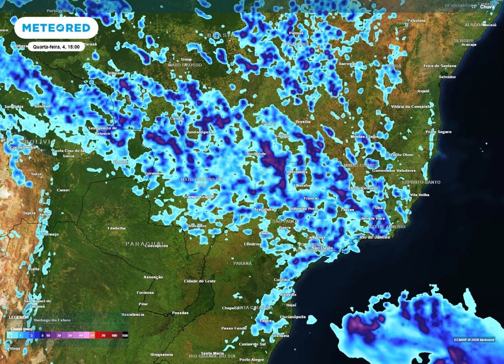 Previsão de chuvas para a tarde da quarta-feira, 4 de fevereiro.