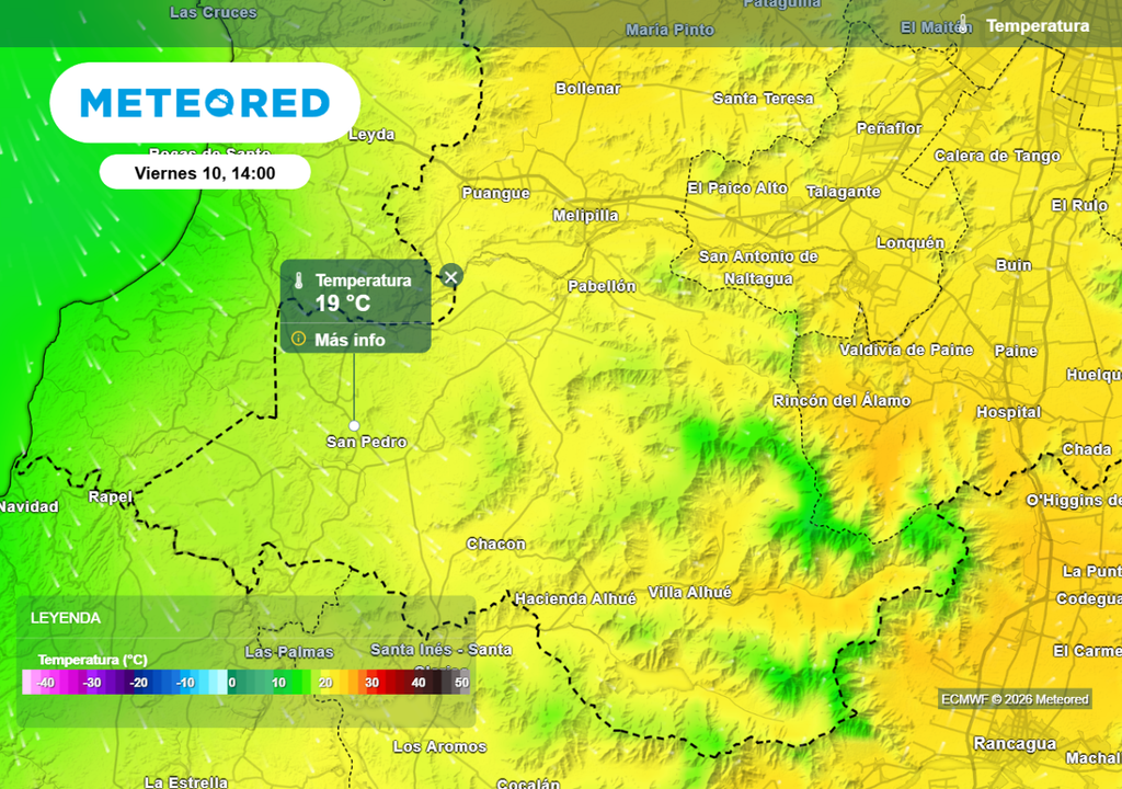 Al poniente de la RM la influencia costera será mayor este viernes: San Pedro quedaría bajo los 20 °C de máxima.