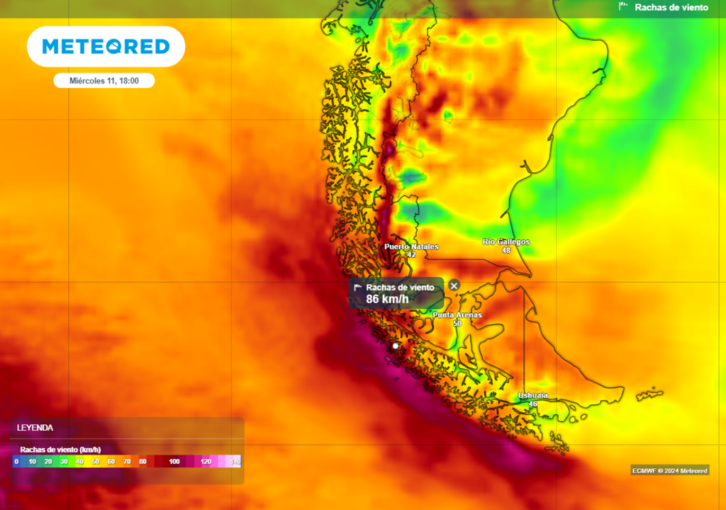 Mapa de ráfagas de viento.