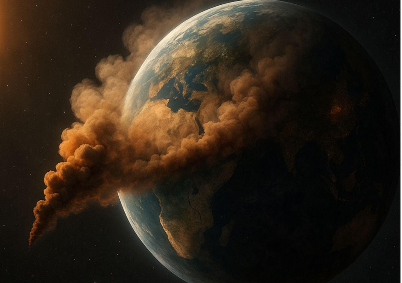 Ilustración realista de un planeta con una densa nube de contaminación atmosférica visible desde el espacio, símbolo de cómo la polución puede convertirse en una posible señal de vida tecnológica.