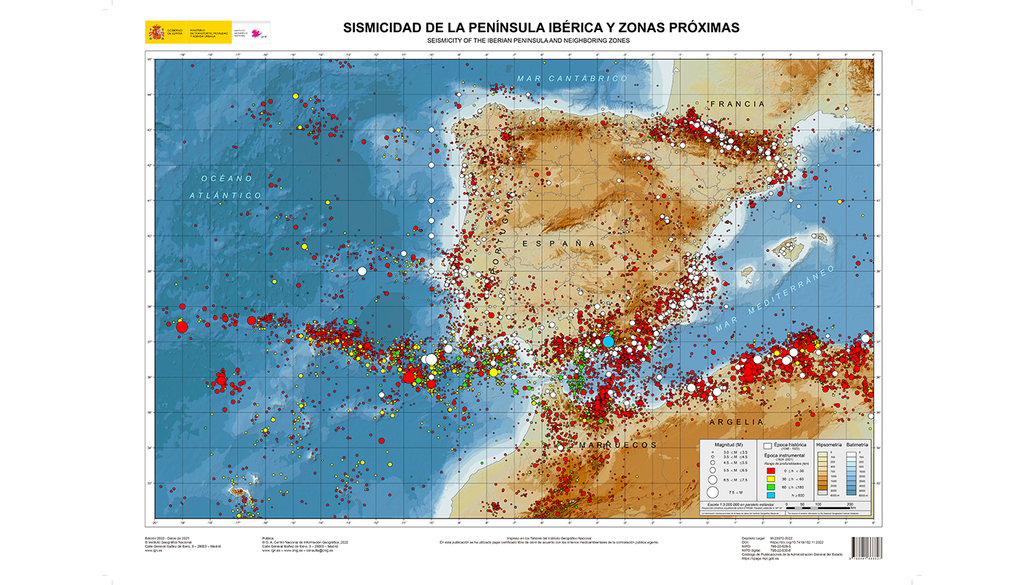 Sismicidad en la Península Ibérica y zonas próximas. Fuente: Instituto Geográfico Nacional.