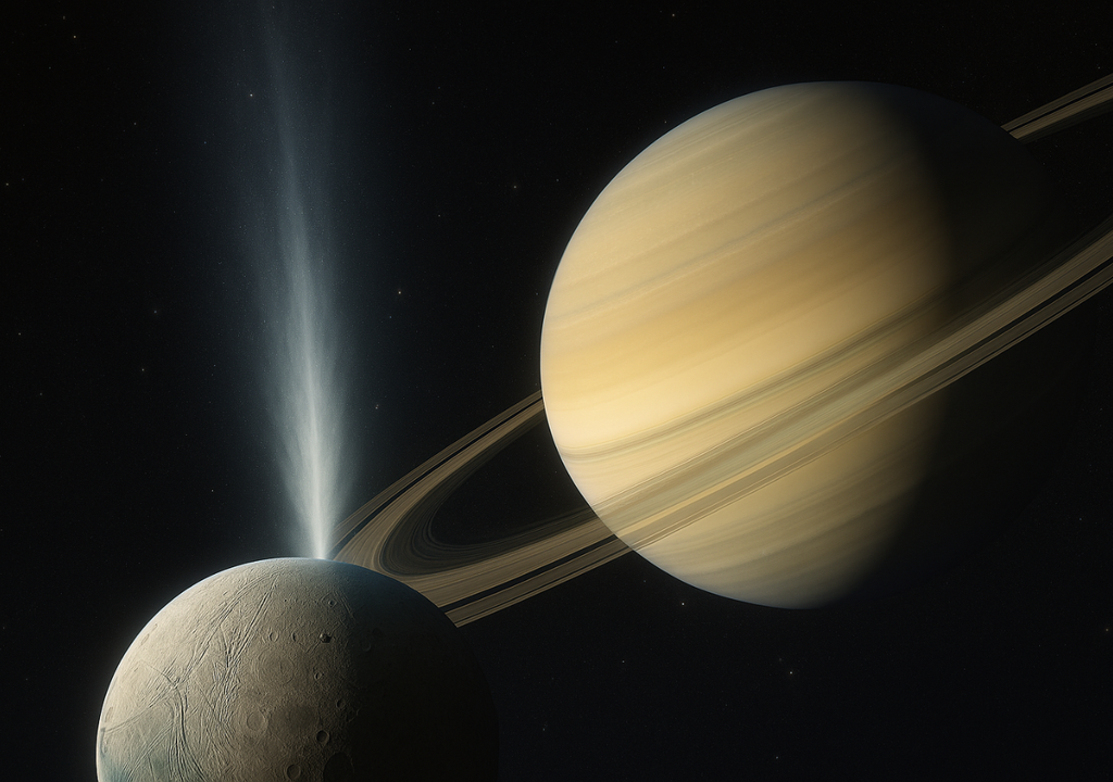 La luna Encelado, de Saturno, expulsa potentes géiseres de vapor y hielo desde su polo sur.