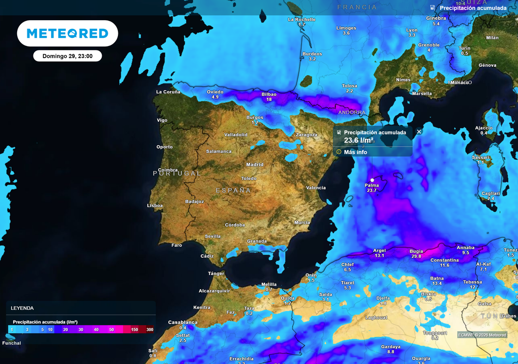 Precipitación acumulada Mapa de precipitación acumulada prevista hasta el domingo en España , según el modelo europeo. Los acumulados más importantes se esperan en el norte y en Baleares.