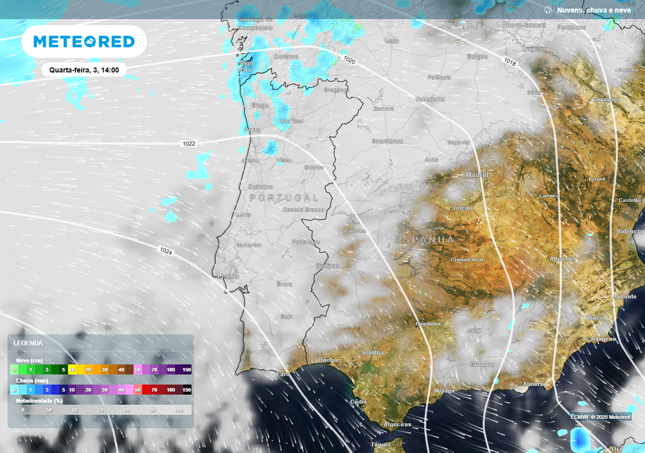 Quarta-feira, 3 de dezembro, terá vários intervalos sem chuva, dando azo a períodos de céu nublado ou até mesmo abertas.