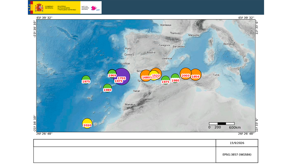 Visualizador de tsunamis del IGN, con los eventos registrados.