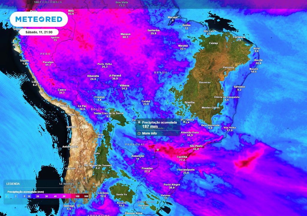 Previsão de acumulados totais de chuva até o final do próximo sábado. Previsão de acumulados totais de chuva até o final do próximo sábado.