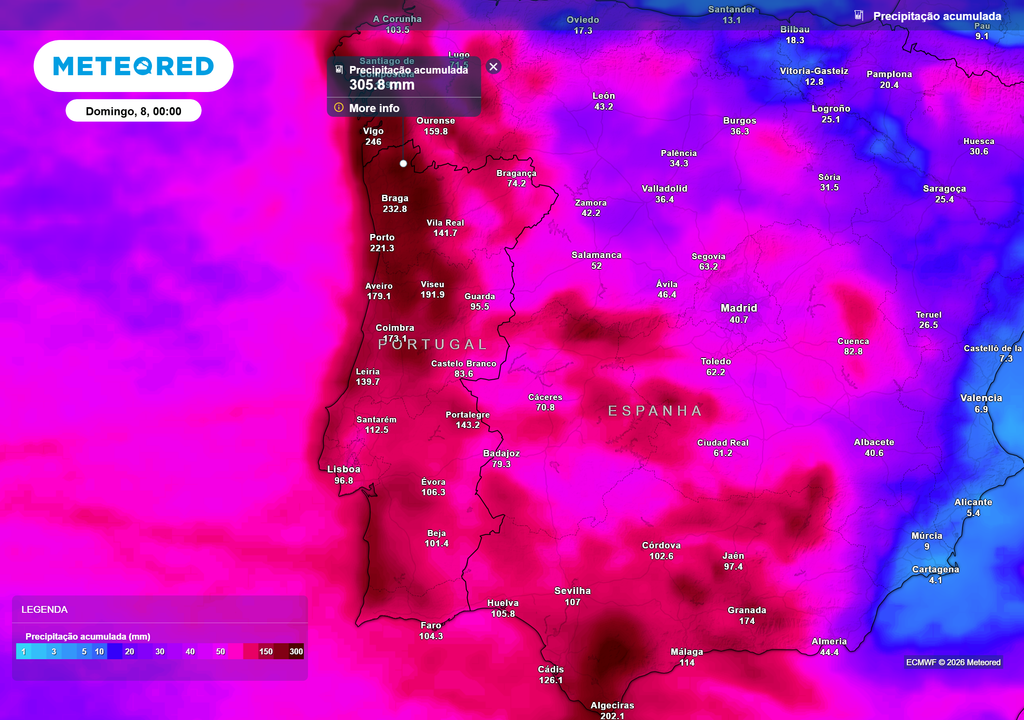 Até à meia-noite do próximo domingo, várias localidades poderão ultrapassar os 300 mm de acumulação de precipitação.