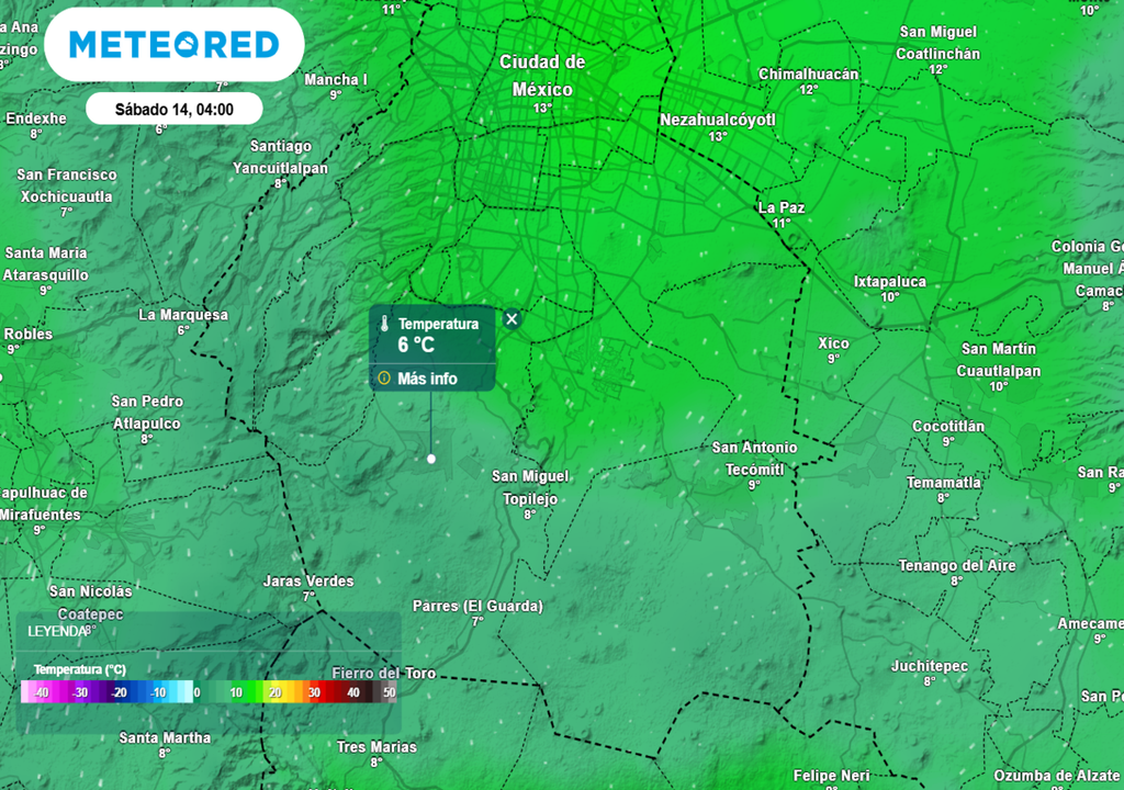 En las alcaldías Álvaro Obregón, Cuajimalpa, La Magdalena Contreras, Milpa Alta y Tlalpan habrá temperaturas mínimas entre 6 y 8 °C.