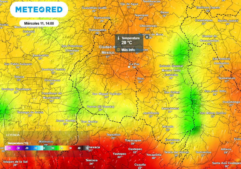 En las alcaldías Cuajimalpa, La Magdalena Contreras y Milpa Alta tendrán valores inferiores a 22 °C. En las zonas más elevadas oscilarán entre 18 a 20 °C.