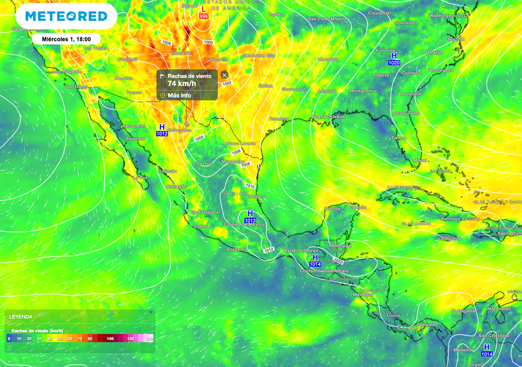 Se esperan rachas de vientos de 60 a 80 km/h al Norte, viento más intensos sobre el Noroeste.