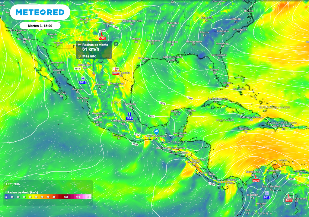Debido a las masas de aire, se prevé viento de 40 a 60 km/h con ráfagas de 80 a 100 km/h sobre las fronteras de Sonora, Chihuahua y Coahuila.