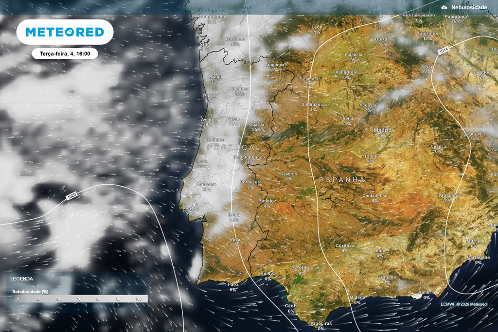Nebulosidade (quarta-feira, 5 de agosto, 16h) Nebulosidade prevista para quarta-feira, 5 de agosto, às 16h. O céu deverá apresentar-se pouco nublado na maior parte de Portugal continental.