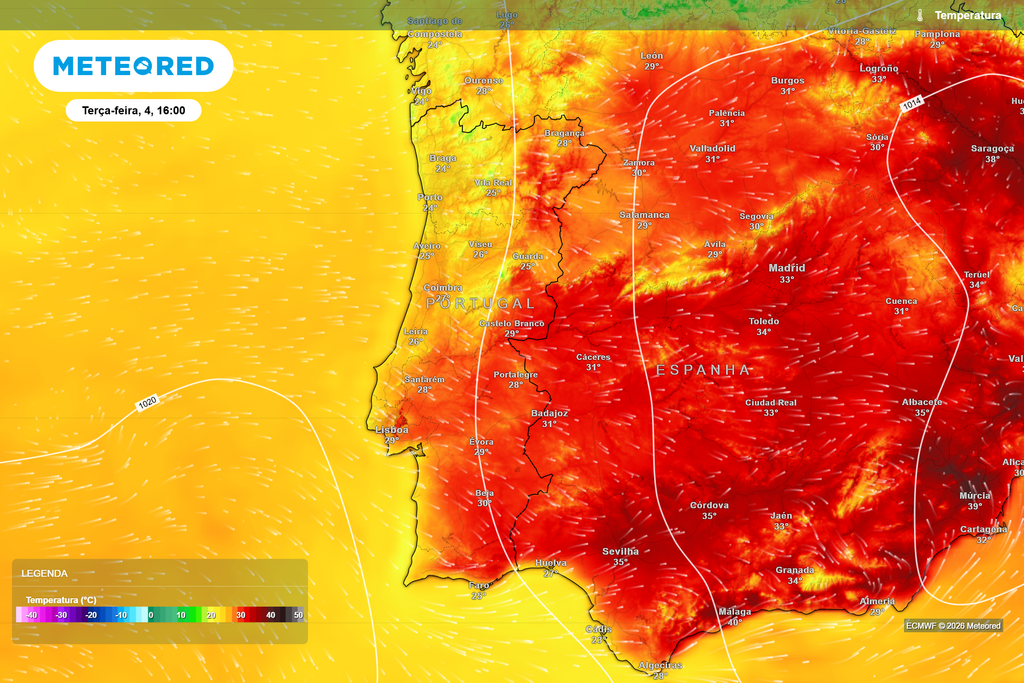 Temperatura (quarta-feira, 5 de agosto, 16h) Temperatura prevista para quarta-feira, 5 de agosto, às 16h. As temperaturas deverão recuperar gradualmente após a dissipação da chuva.