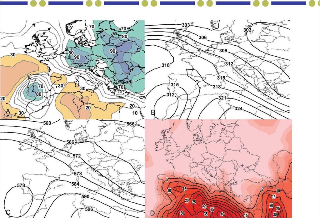 Figura 2. Situación sinóptica asociada a un acontecimiento&nbsp; de precipitación roja sobre Europa occidental a las 12 UTC del 22 de junio de 1988. (a)&nbsp; Reanálisis de la humedad relativa a 700&nbsp; hPa de NCEP/NCAR (en %); (b) contornos de la altura del&nbsp; reanálisis de geopotencial de 700 de hPa NCEP/NCAR (dam); (c) Ídem de 500 hPa (dam); (d) valores de índice del aerosoles del TOMS (sin unidades).