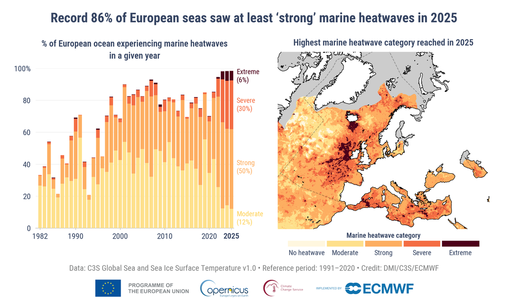 Gráfico de barras y mapa que muestran que se prevé que el 86% de los mares europeos experimenten olas de calor marinas intensas o extremas en 2025, con los mayores impactos en la región mediterránea. (Izquierda) Porcentaje del área de la región oceánica WMO RA VI (Europa) que experimentó condiciones de ola de calor marina cada año desde 1982 hasta 2025, mostrado para cuatro categorías de intensidad: «moderada» (amarillo), «fuerte» (naranja claro), «severa» (naranja oscuro) y «extrema» (marrón). Para cada año, el porcentaje se basa en la intensidad máxima alcanzada en cada ubicación dentro de la región. (Derecha) Mapa que muestra la categoría más alta de ola de calor marina experimentada en cada ubicación durante 2025. Las olas de calor marinas se definen en relación con el período de referencia 1991-2020. Datos: C3S Global Sea and Sea Ice Surface Temperature v1.0. DMI/C3S/ECMWF