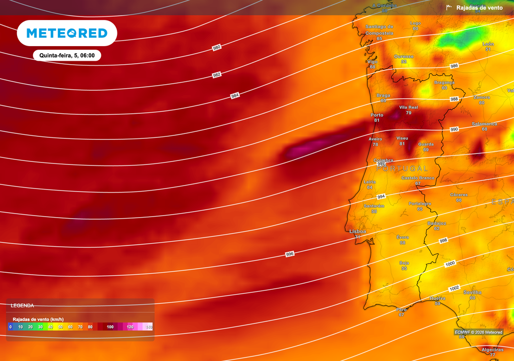 Rajadas de vento fortes associadas a um gradiente de pressão acentuado, refletindo um fluxo atlântico intenso sobre o litoral.