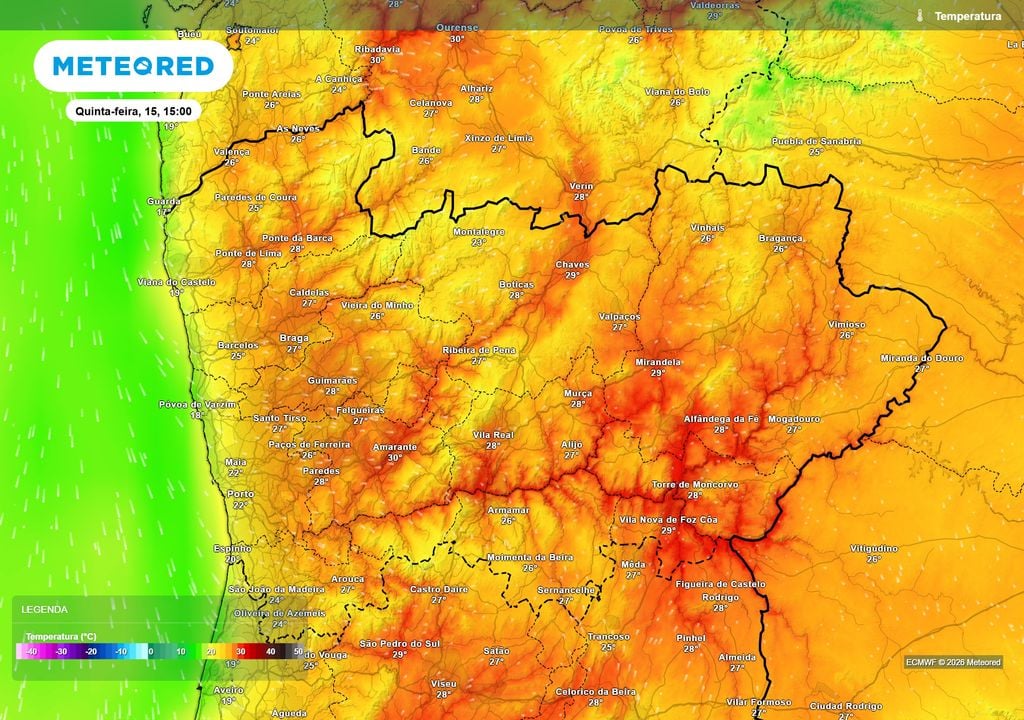 temperatura do ar à superfície Quinta-feira poderá ser o dia mais quente da semana no Norte do país, ainda que a variação das temperaturas comparada com quarta-feira não seja significativa.