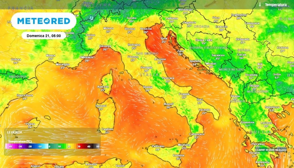 Temperature minime diffusamente tropicali (sopra ai 20°C) previste sull'Italia per l'alba di domenica 21 giugno, giorno del solstizio d'estate. ECMWF-MeteoRed