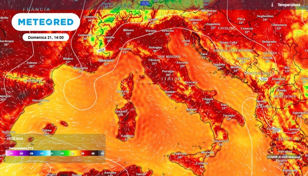 Temperature massime diffusamente superiori ai 35°C (con picchi anche superiori) previste sull'Italia per domenica 21 giugno, giorno del solstizio d'estate. ECMWF-MeteoRed