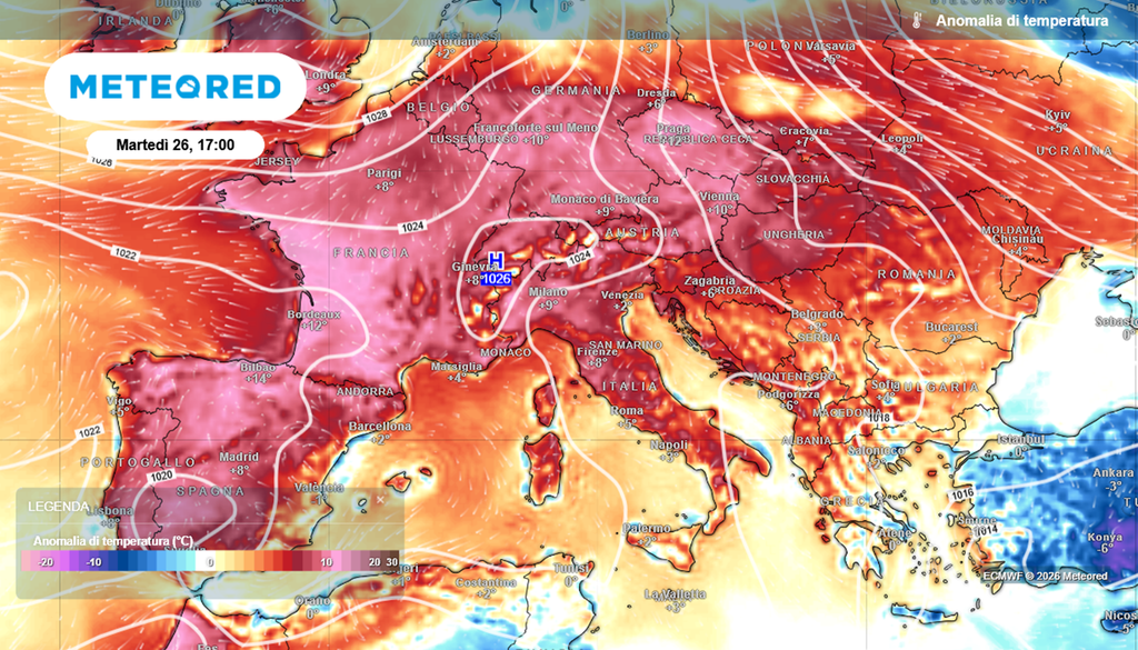 Anomalie termiche in Europa all'inizia della prossima settimana, martedì 26 maggio 2026. Molto caldo dalla Spagna all'Italia, passando per la Francia.