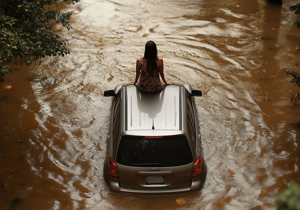 Mulher sobre capô do carro em meio a alagamento. Mulher sobre capô do carro em meio a alagamento.