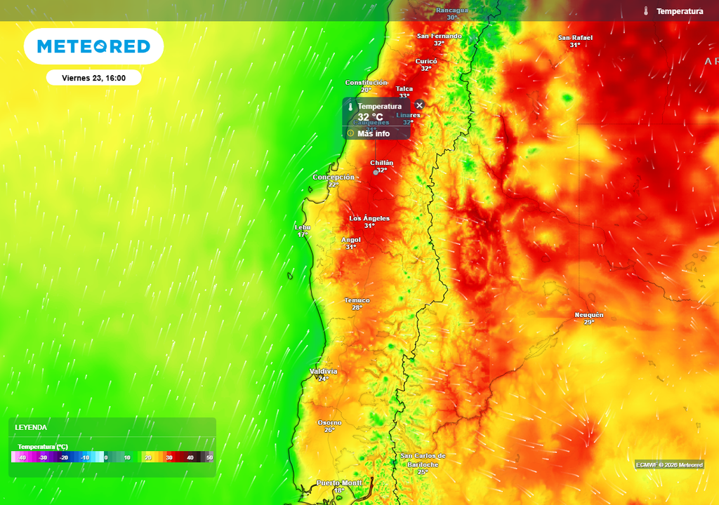 Temperatura máxima (°C) para el viernes 23 de enero 2026 en Chile centro sur.
