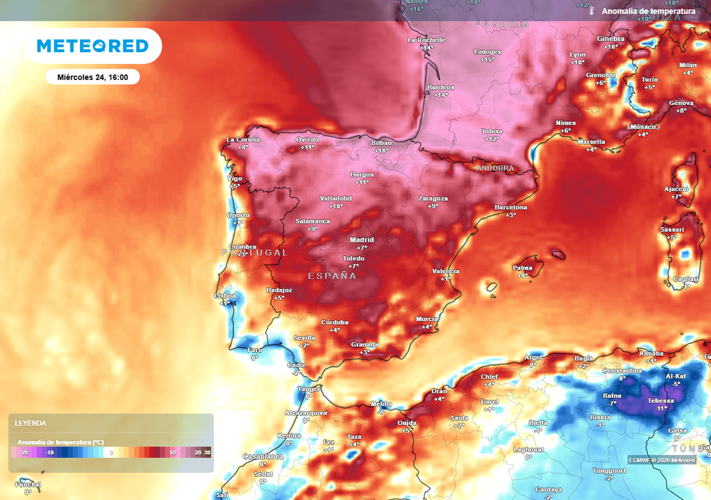 Anomalía temperatura España miércoles 24 de junio Anomalía de temperatura prevista para la tarde del miércoles 24 de junio.
