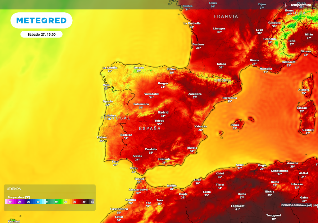 Temperatura prevista España sábado 27 de junio Temperatura prevista para las primeras horas de la tarde del sábado 27 de junio.