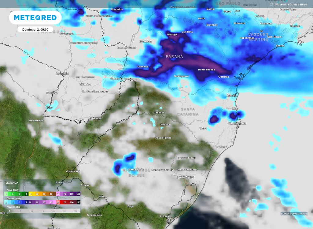 Previsão de precipitação para a manhã deste domingo (2) na Região Sul, segundo o modelo ECMWF.