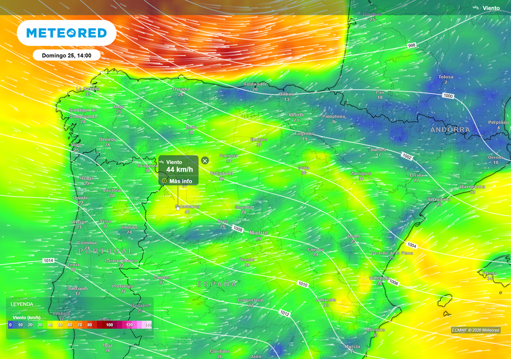 El domingo será una jornada dominada por el viento en buena parte del país. Los vientos sostenidos superarán los 40 km/h en Salamanca.