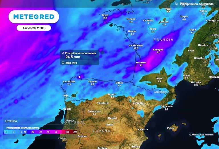 Este domingo las lluvias irrumpir&aacute;n desde el Atl&aacute;ntico para dejar m&aacute;s de 20 l/m2 en el noroeste peninsular