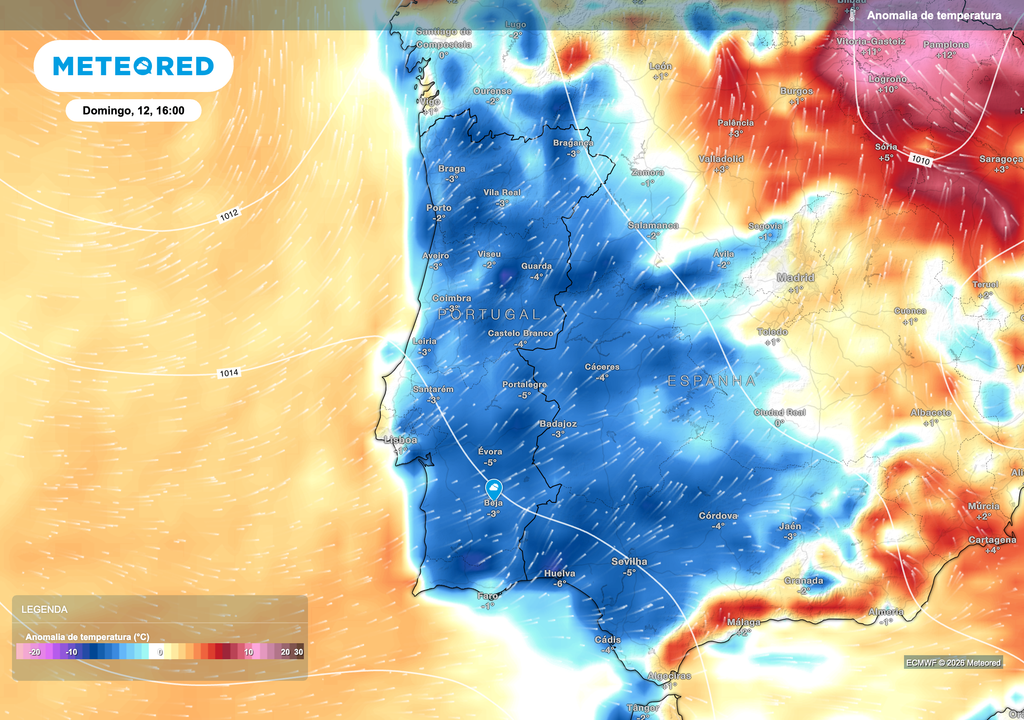 A entrada de uma massa de ar mais fresco de origem atlântica deverá fazer com que as temperaturas fiquem entre 2 e 6 ºC abaixo da média para a época em quase todo o território de Portugal continental durante a tarde de domingo.